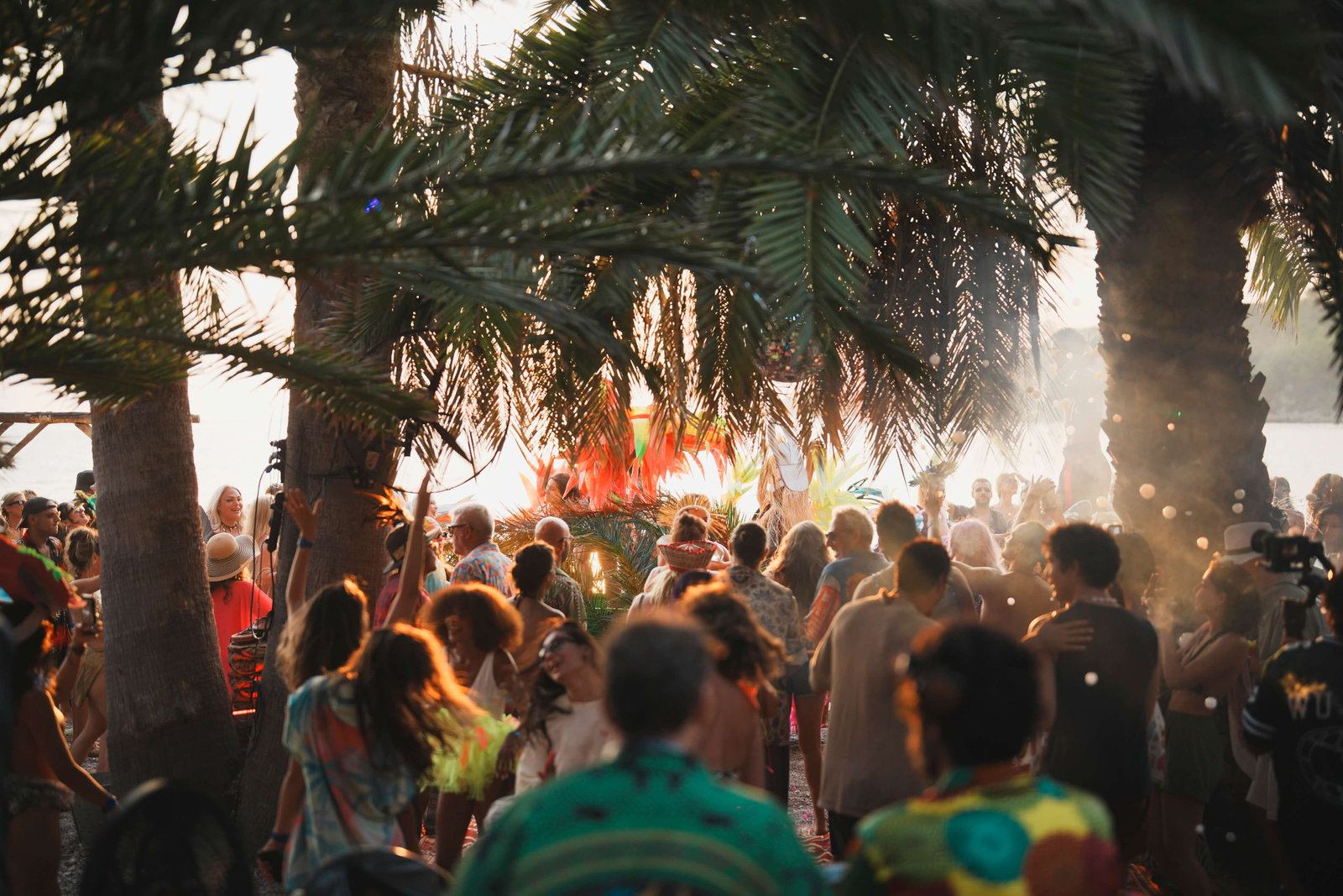 Dancing crowd among palm trees in golden light